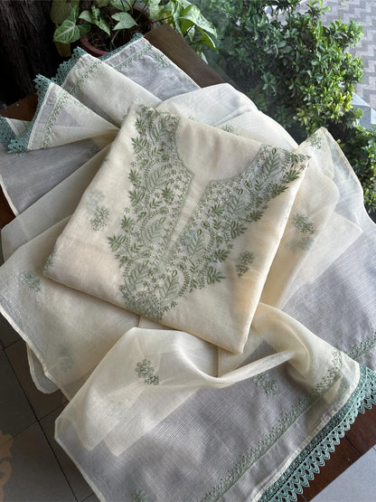 Cream Shade Kota Chikankari Unstitched Fabrics