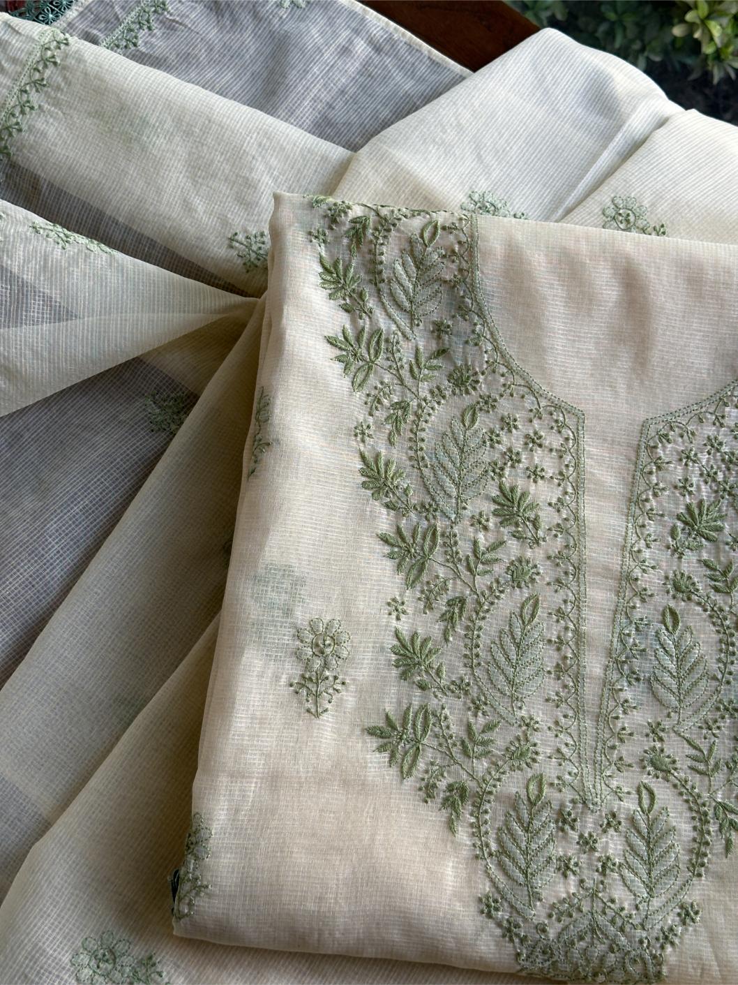 Cream Shade Kota Chikankari Unstitched Fabrics
