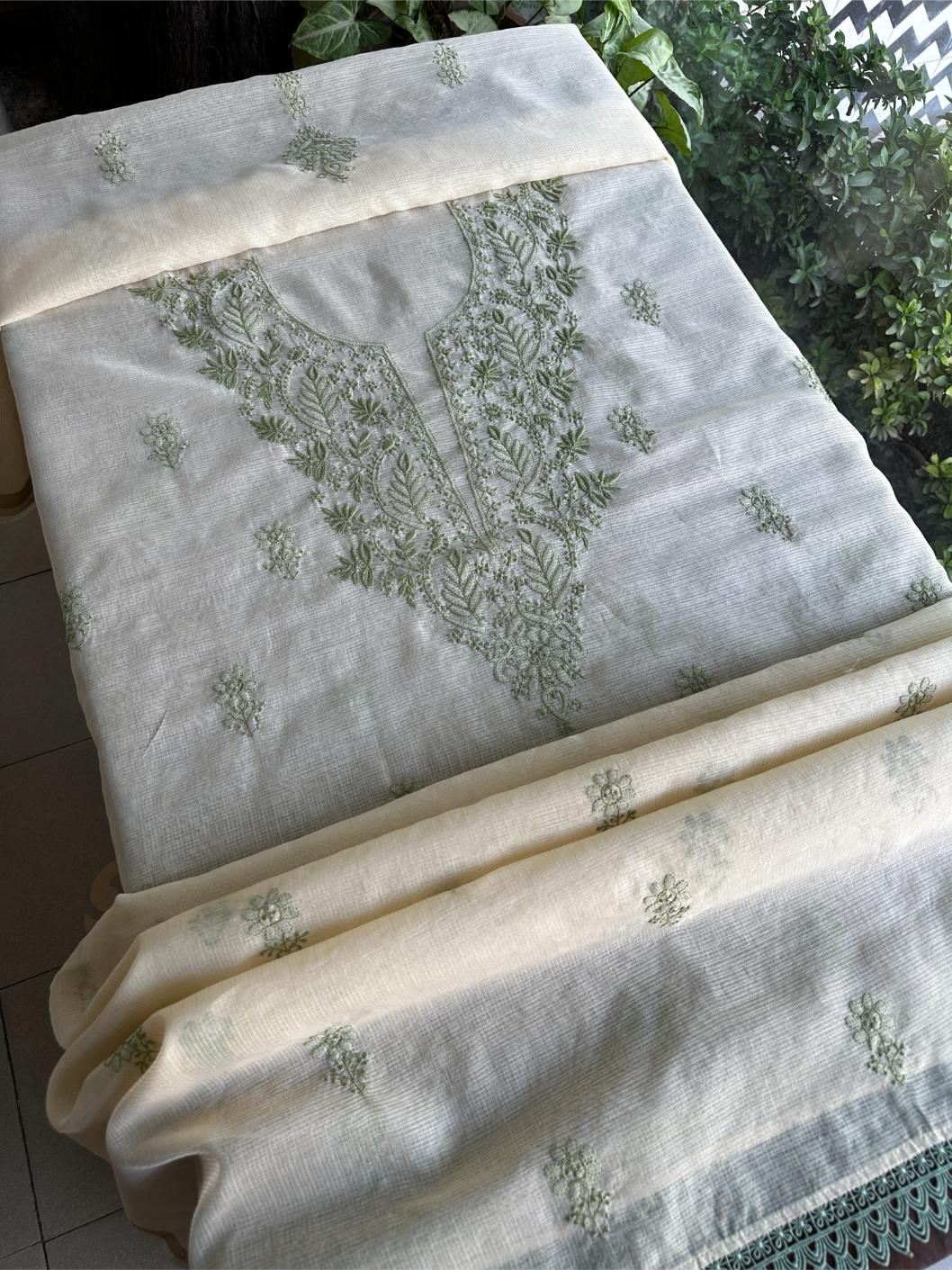 Cream Shade Kota Chikankari Unstitched Fabrics