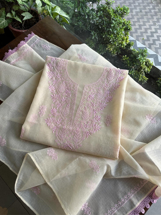 Cream & Pink Shade Kota Chikankari Unstitched Fabric