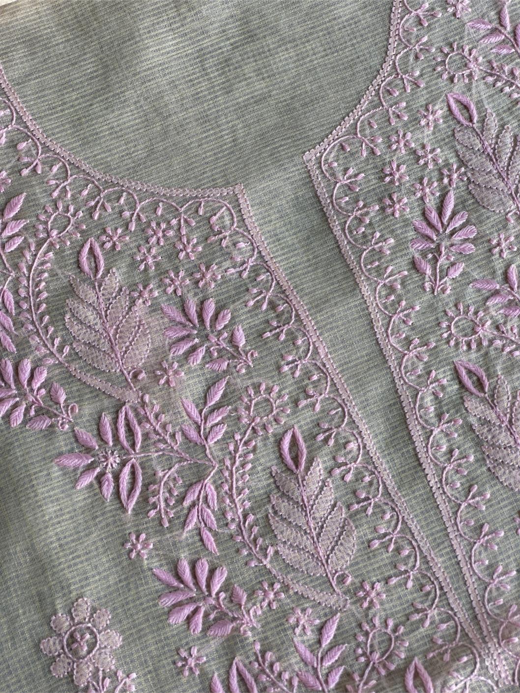 Cream & Pink Shade Kota Chikankari Unstitched Fabric