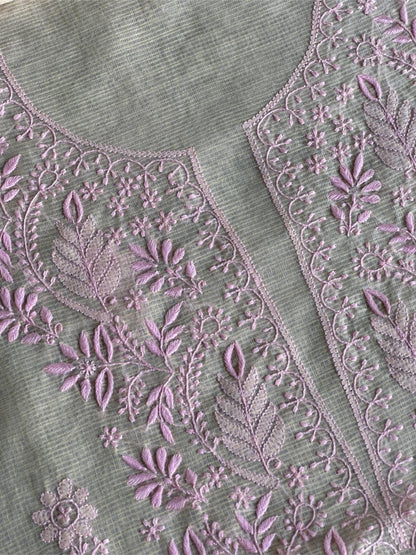 Cream & Pink Shade Kota Chikankari Unstitched Fabric