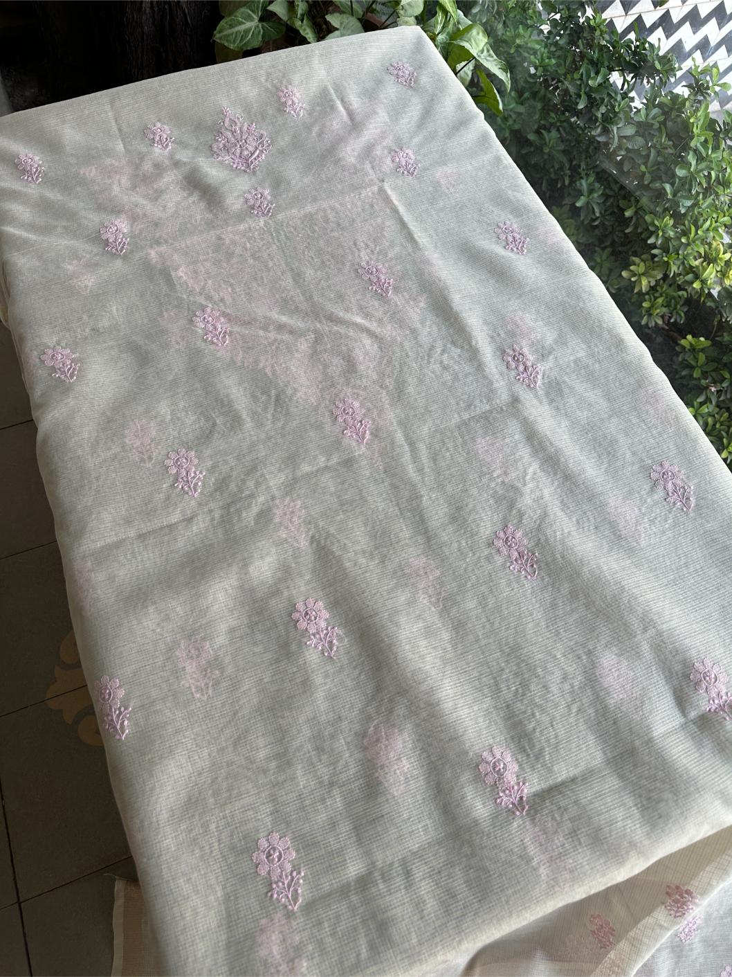 Cream & Pink Shade Kota Chikankari Unstitched Fabric
