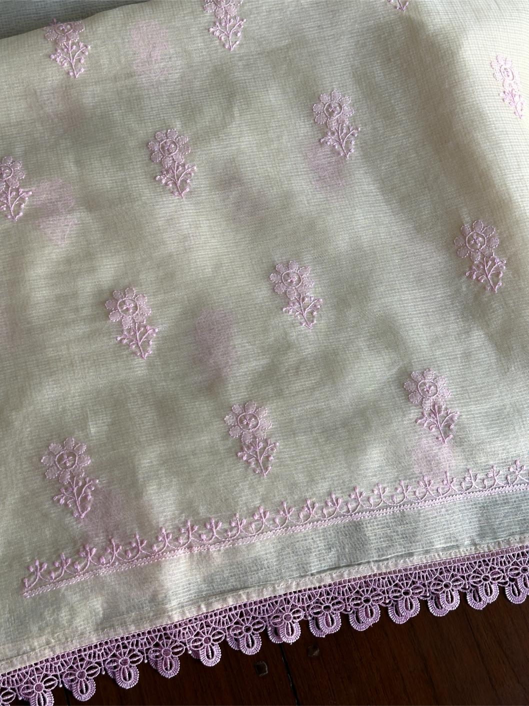 Cream & Pink Shade Kota Chikankari Unstitched Fabric