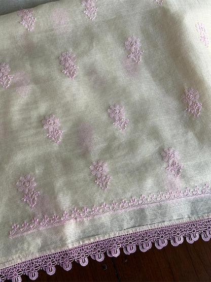 Cream & Pink Shade Kota Chikankari Unstitched Fabric