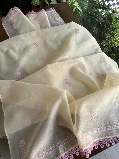 Cream & Pink Shade Kota Chikankari Unstitched Fabric