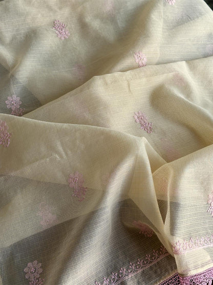 Cream & Pink Shade Kota Chikankari Unstitched Fabric