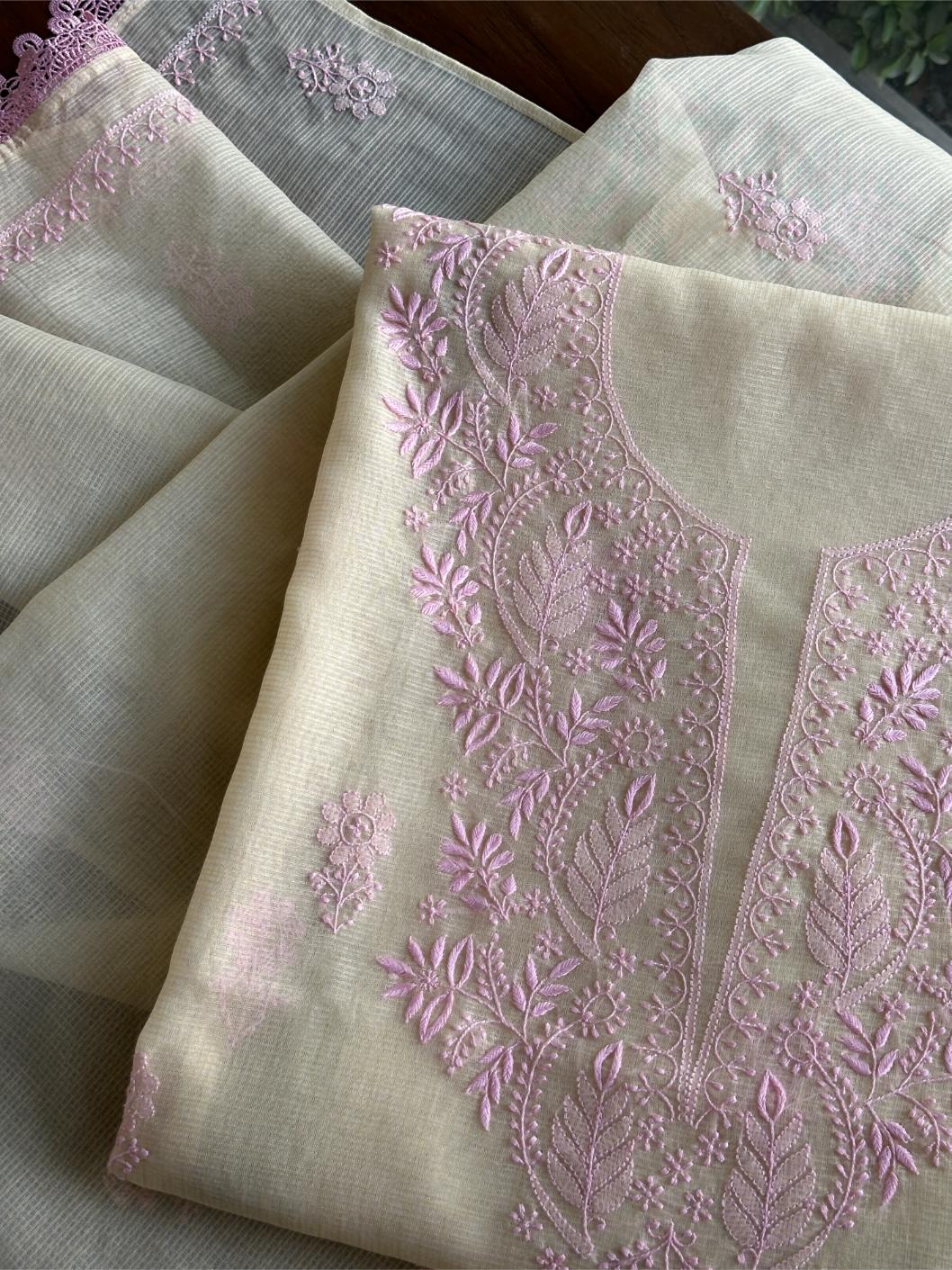 Cream & Pink Shade Kota Chikankari Unstitched Fabric