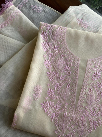 Cream & Pink Shade Kota Chikankari Unstitched Fabric