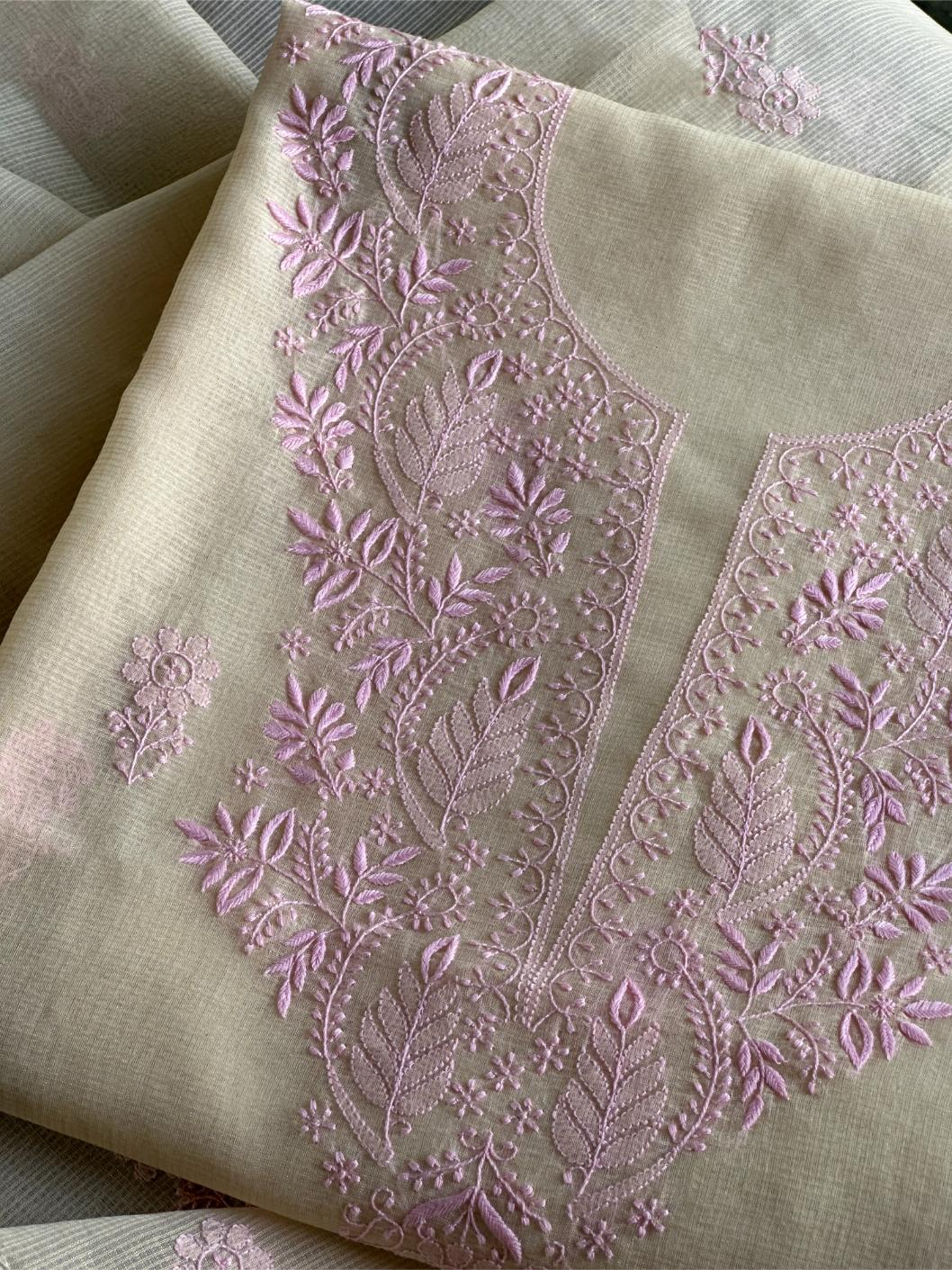 Cream & Pink Shade Kota Chikankari Unstitched Fabric