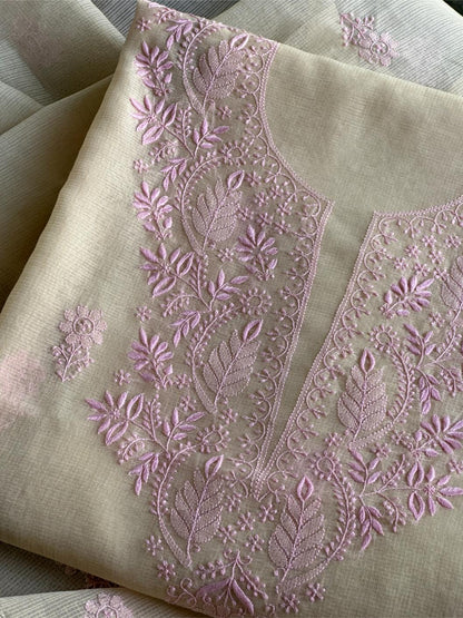 Cream & Pink Shade Kota Chikankari Unstitched Fabric