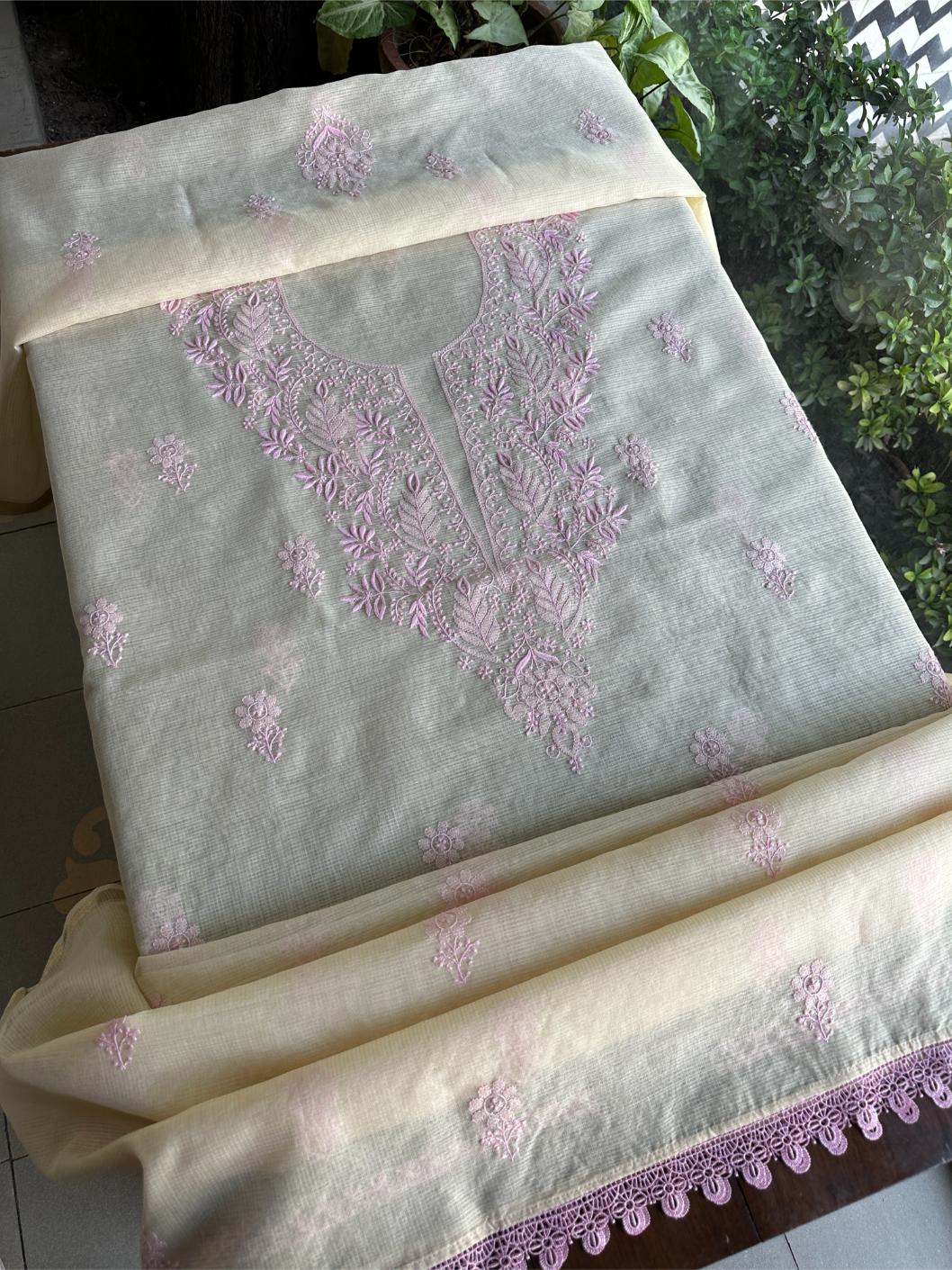Cream & Pink Shade Kota Chikankari Unstitched Fabric