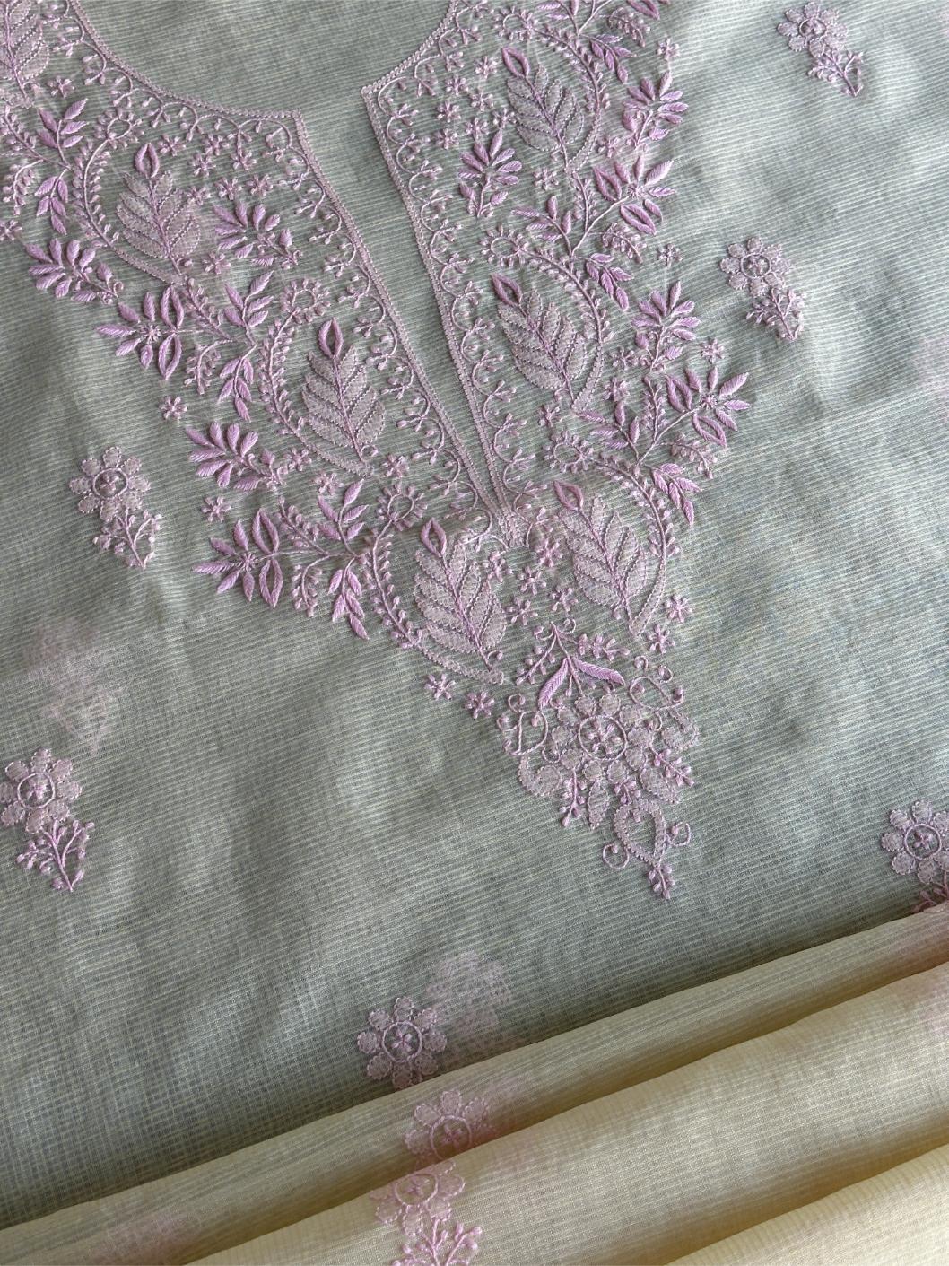 Cream & Pink Shade Kota Chikankari Unstitched Fabric