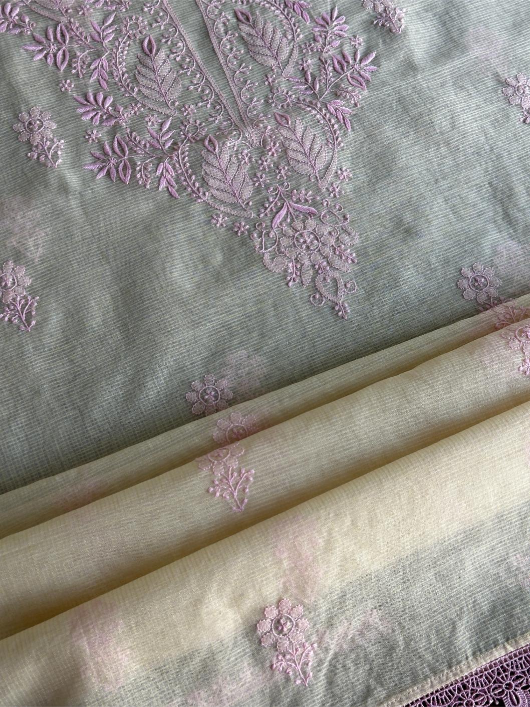 Cream & Pink Shade Kota Chikankari Unstitched Fabric