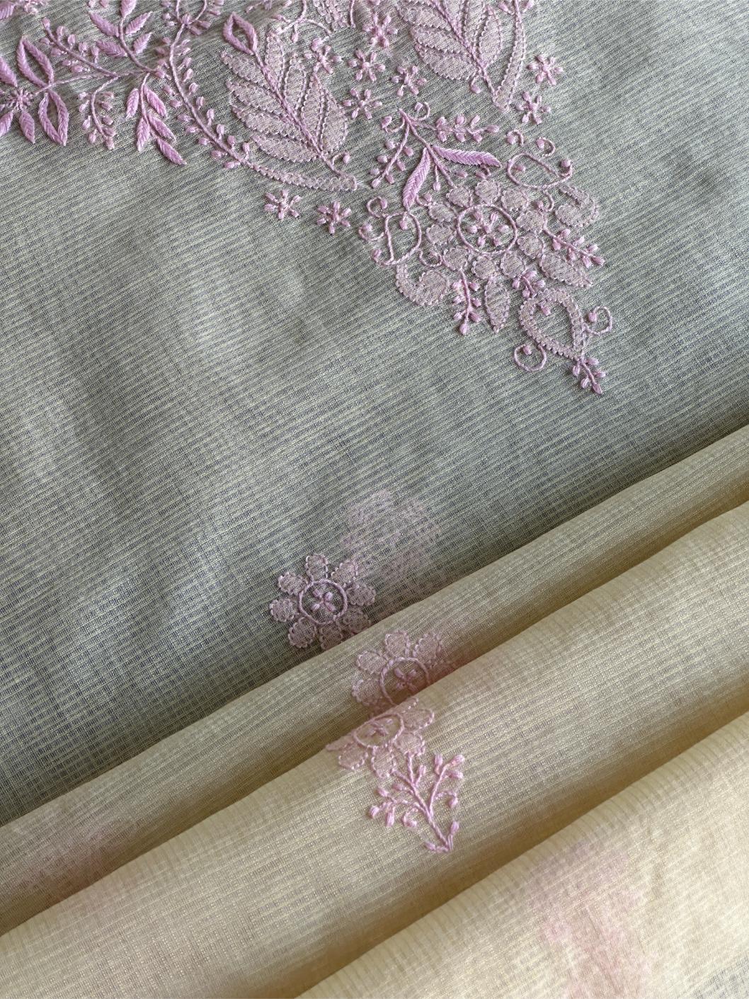 Cream & Pink Shade Kota Chikankari Unstitched Fabric