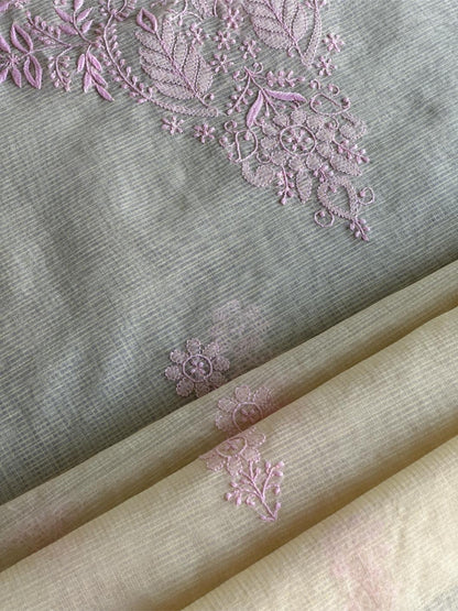 Cream & Pink Shade Kota Chikankari Unstitched Fabric