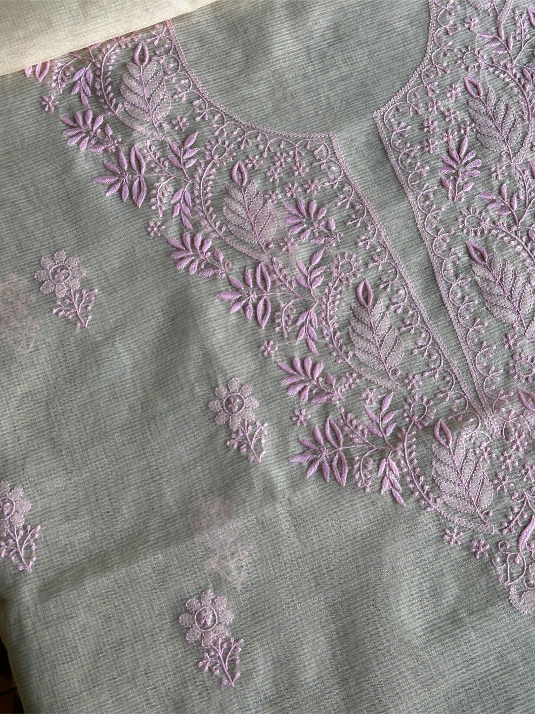 Cream & Pink Shade Kota Chikankari Unstitched Fabric