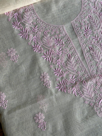 Cream & Pink Shade Kota Chikankari Unstitched Fabric