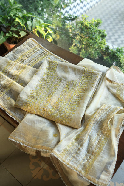 Lemon Shade Tissue Kota Chikankari Unstitched Fabric