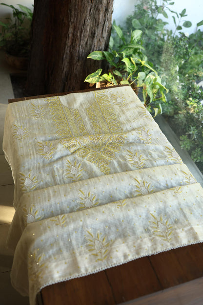 Lemon Shade Tissue Kota Chikankari Unstitched Fabric
