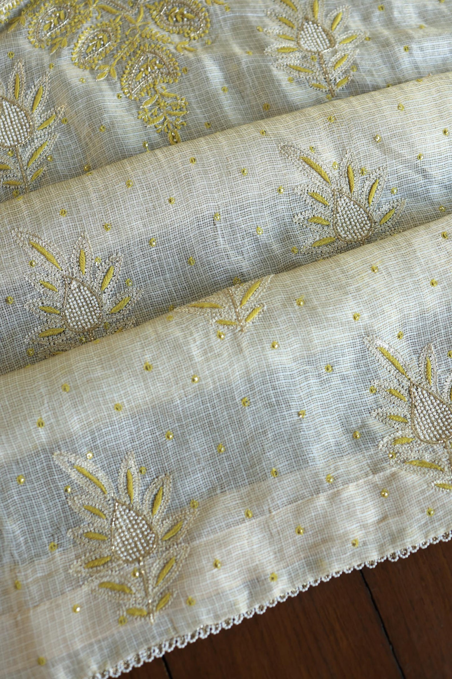 Lemon Shade Tissue Kota Chikankari Unstitched Fabric