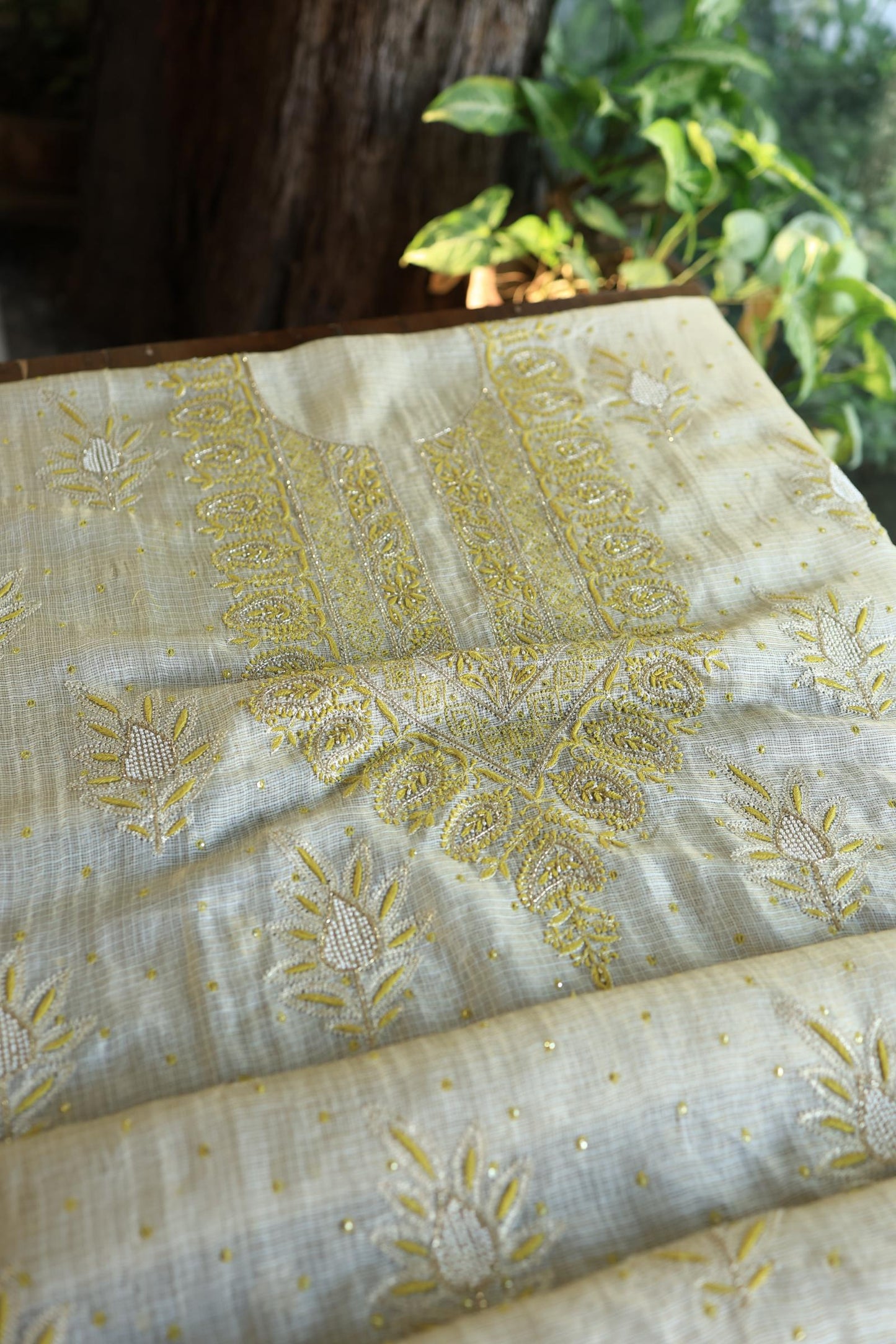 Lemon Shade Tissue Kota Chikankari Unstitched Fabric