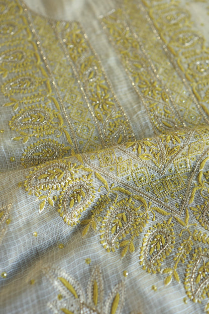 Lemon Shade Tissue Kota Chikankari Unstitched Fabric