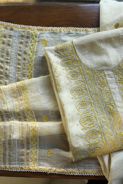 Lemon Shade Tissue Kota Chikankari Unstitched Fabric