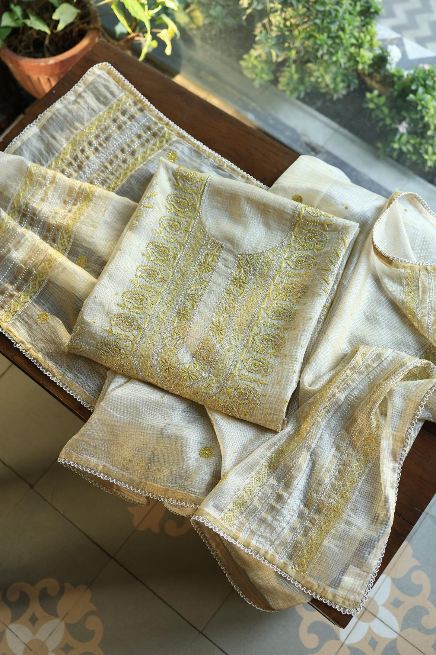 Lemon Shade Tissue Kota Chikankari Unstitched Fabric