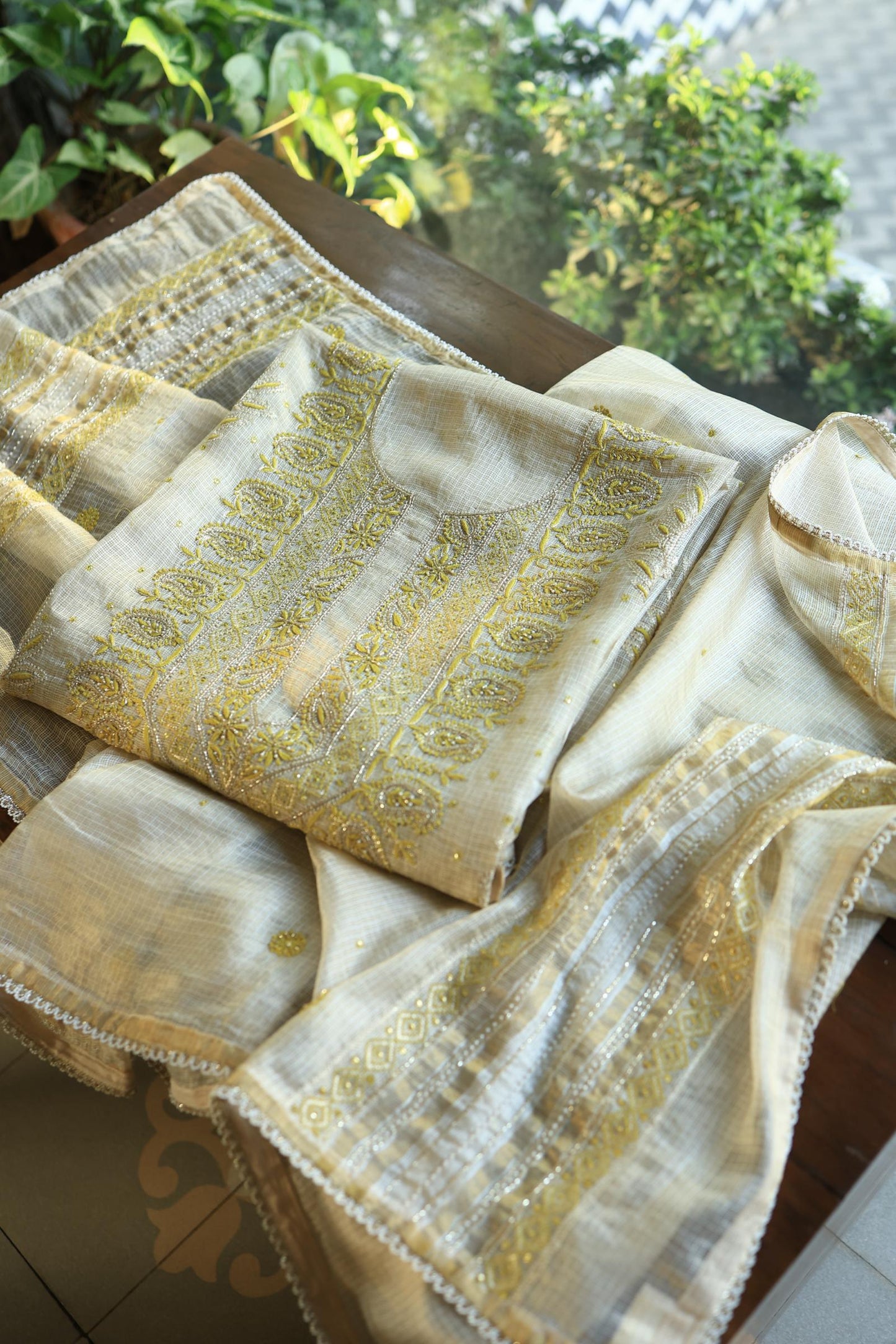 Lemon Shade Tissue Kota Chikankari Unstitched Fabric