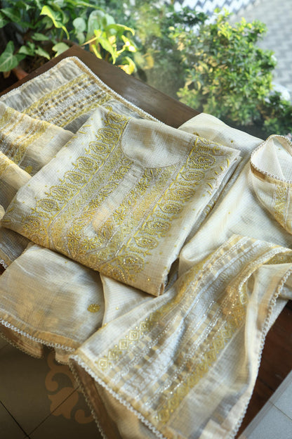 Lemon Shade Tissue Kota Chikankari Unstitched Fabric