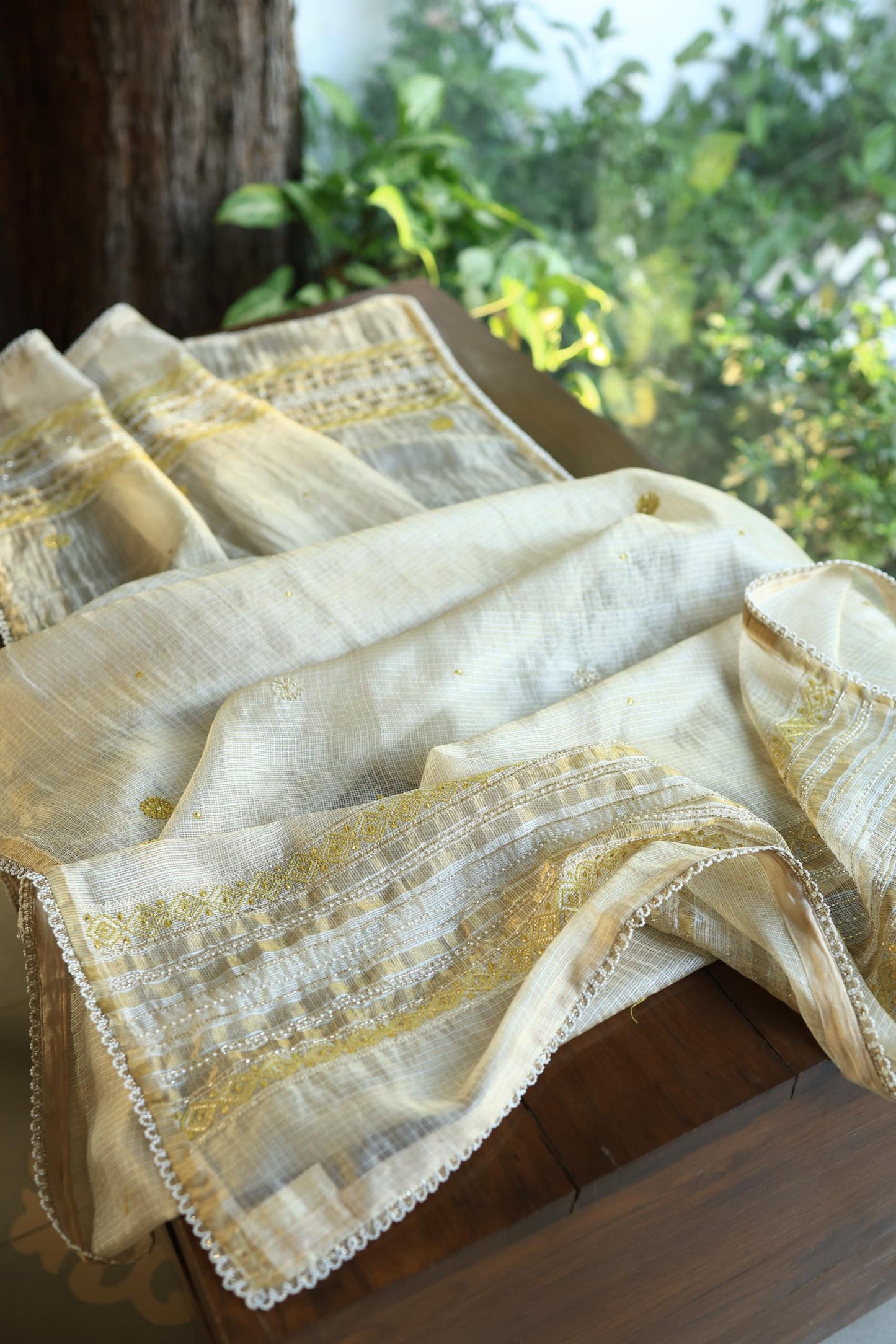 Lemon Shade Tissue Kota Chikankari Unstitched Fabric