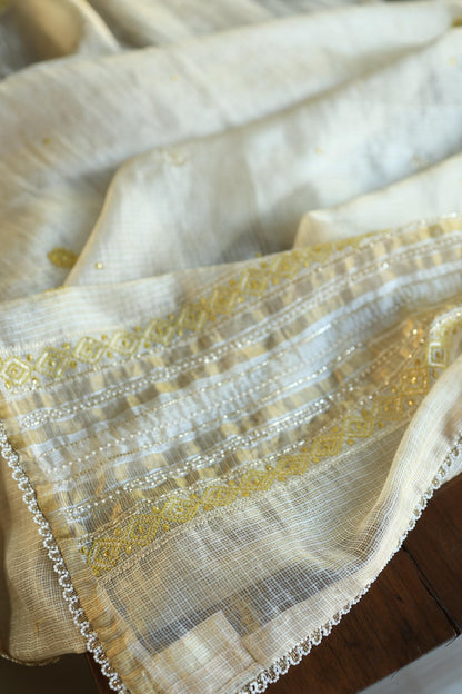 Lemon Shade Tissue Kota Chikankari Unstitched Fabric