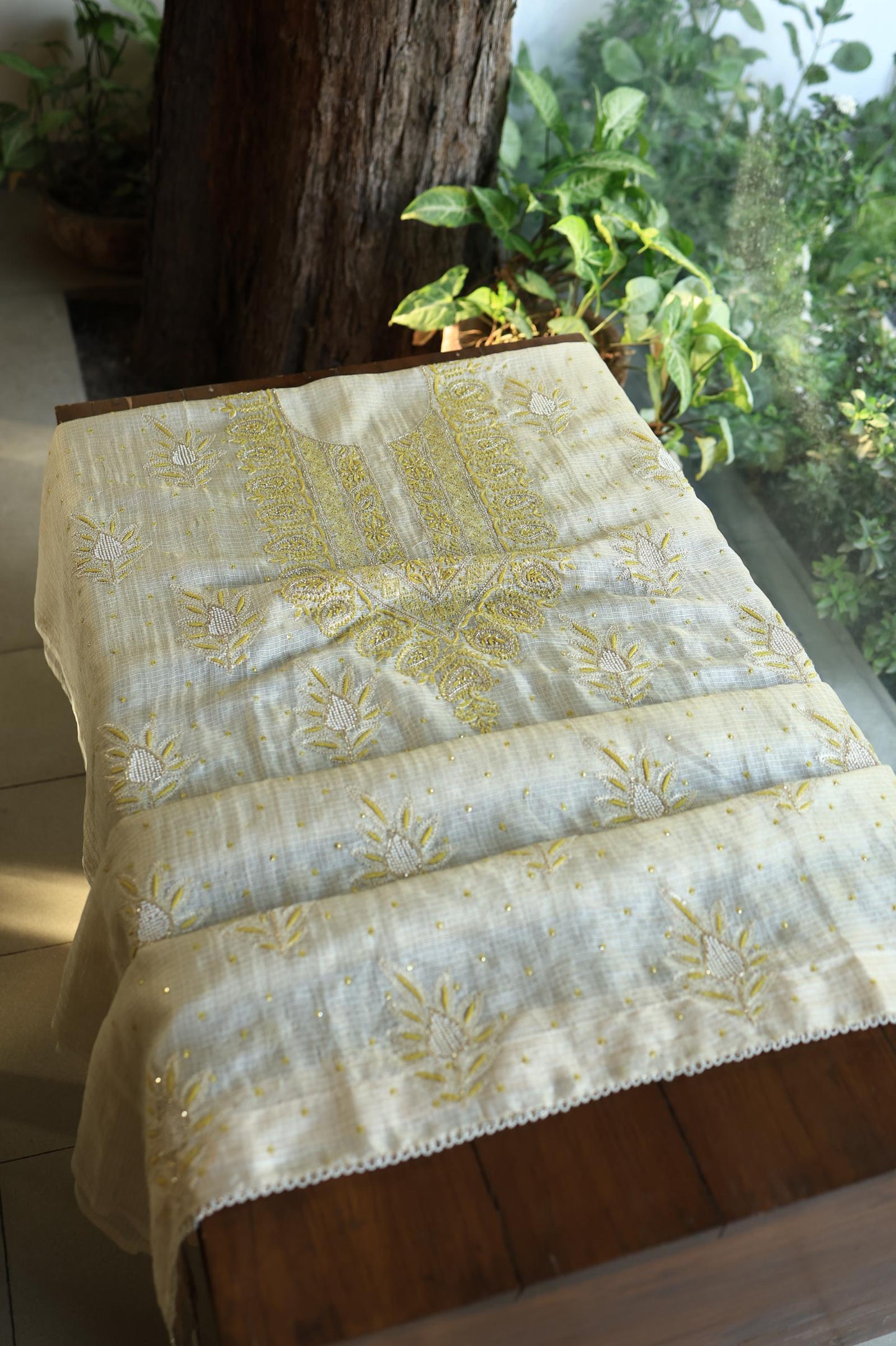 Lemon Shade Tissue Kota Chikankari Unstitched Fabric