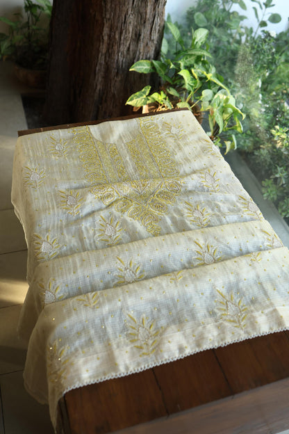 Lemon Shade Tissue Kota Chikankari Unstitched Fabric