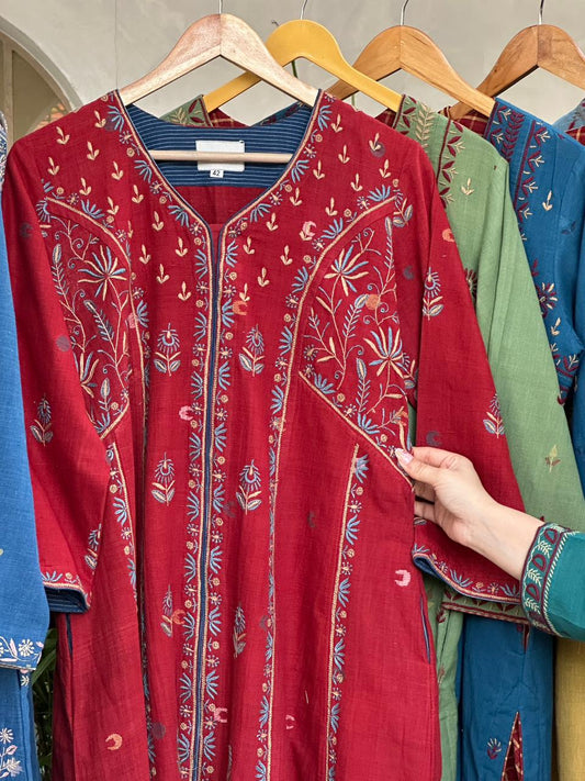 Crimson Red Handspun Malkha Chikankari Front Slit Tunic