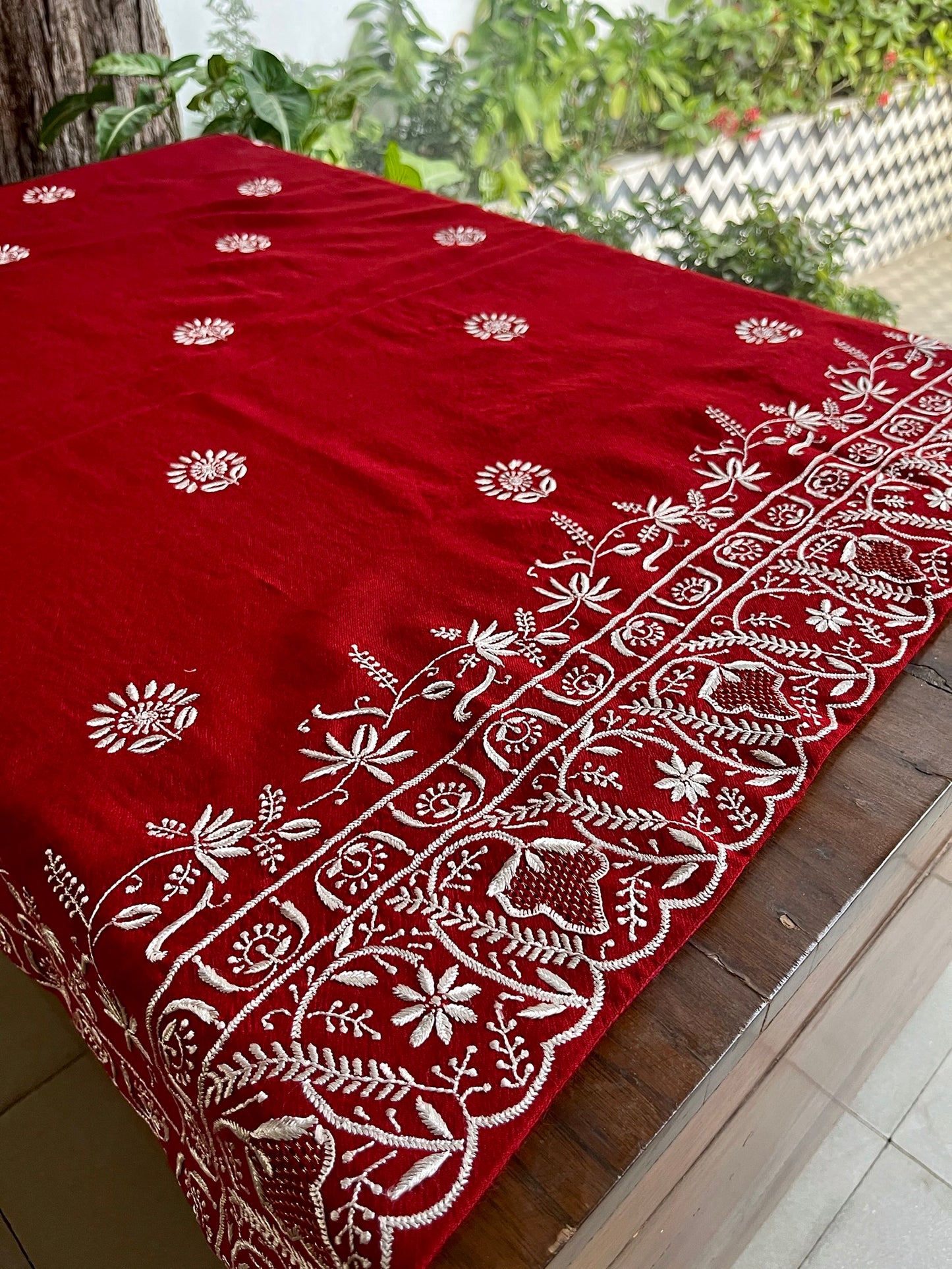 Crimson Red Shade Saman Pashmina Resham Thread Chikankari Shawl