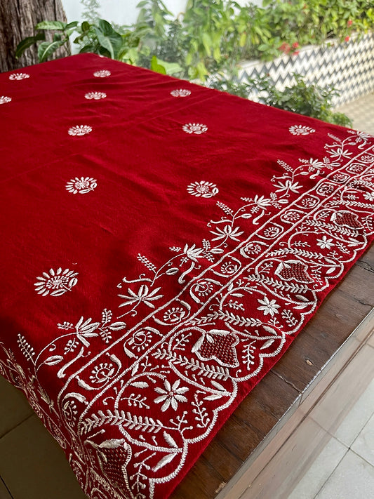 Crimson Red Shade Saman Pashmina Resham Thread Chikankari Shawls