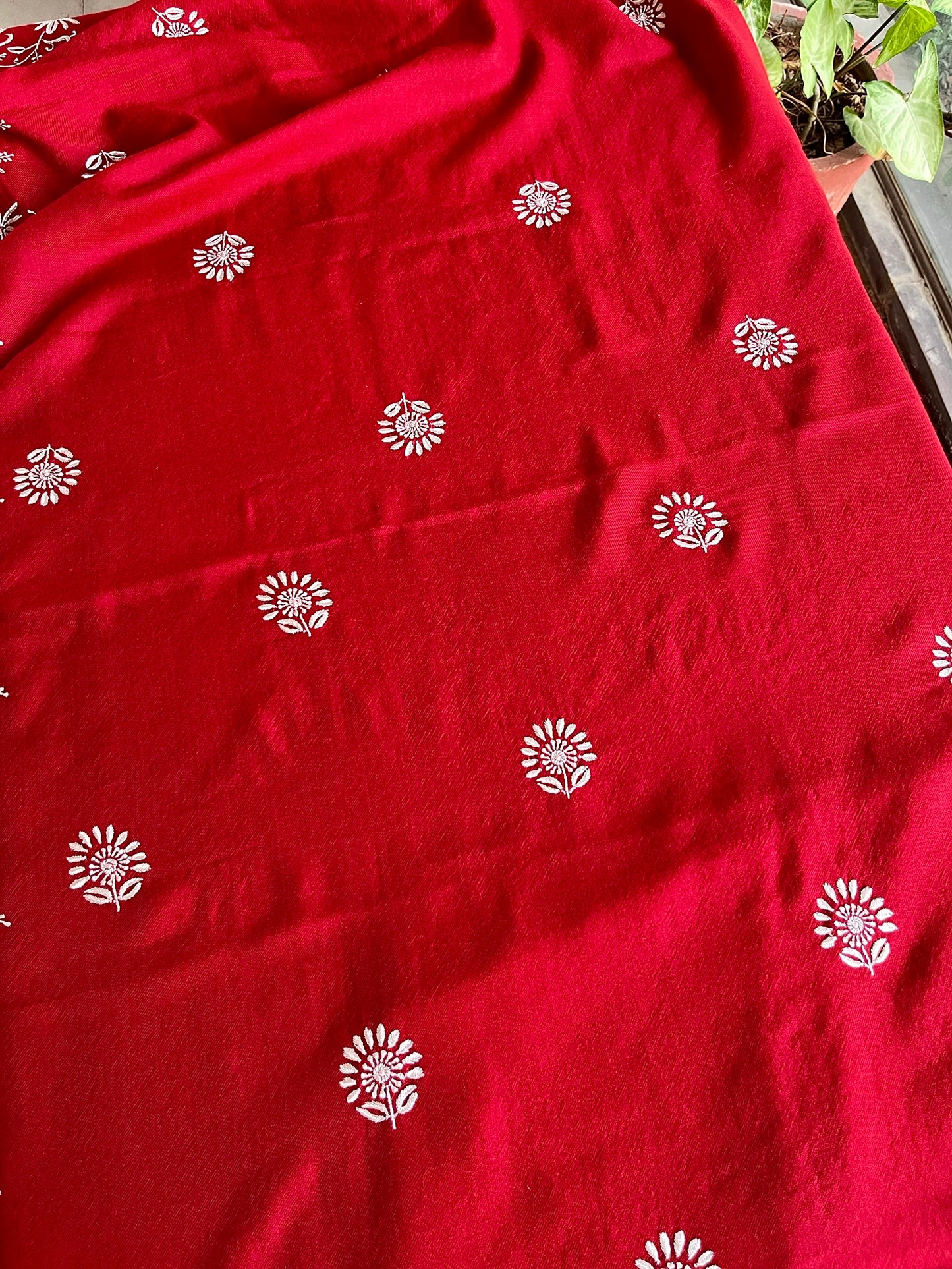 Crimson Red Shade Saman Pashmina Resham Thread Chikankari Shawl