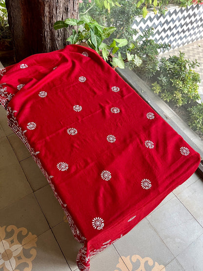 Crimson Red Shade Saman Pashmina Resham Thread Chikankari Shawl