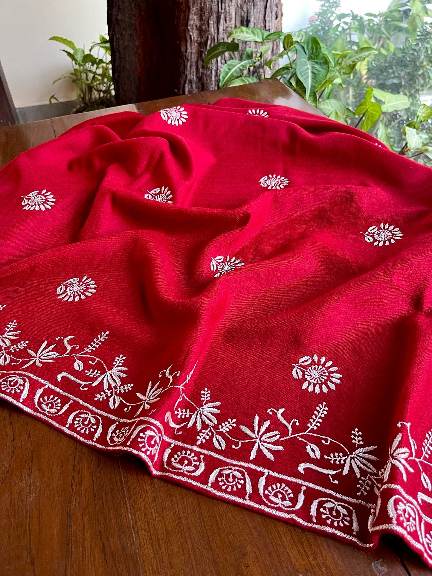 Crimson Red Shade Saman Pashmina Resham Thread Chikankari Shawl