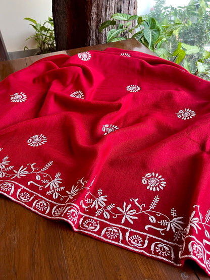 Crimson Red Shade Saman Pashmina Resham Thread Chikankari Shawl