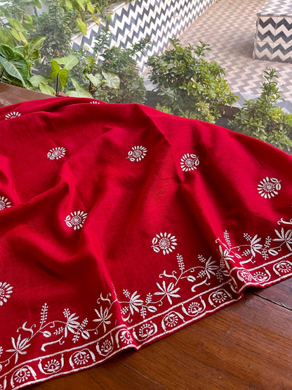Crimson Red Shade Saman Pashmina Resham Thread Chikankari Shawl