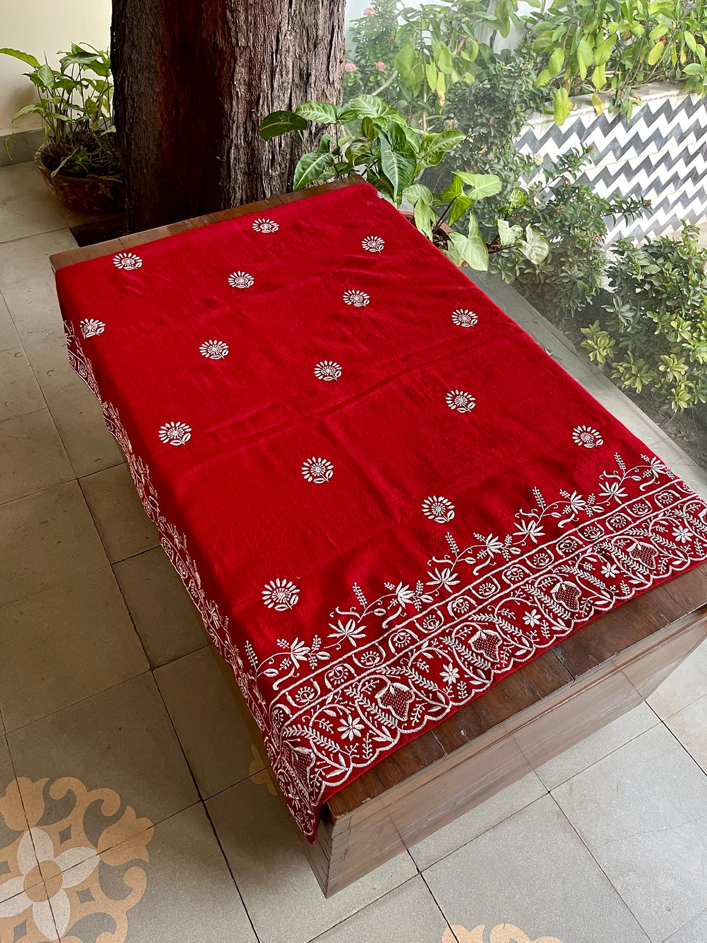 Crimson Red Shade Saman Pashmina Resham Thread Chikankari Shawl