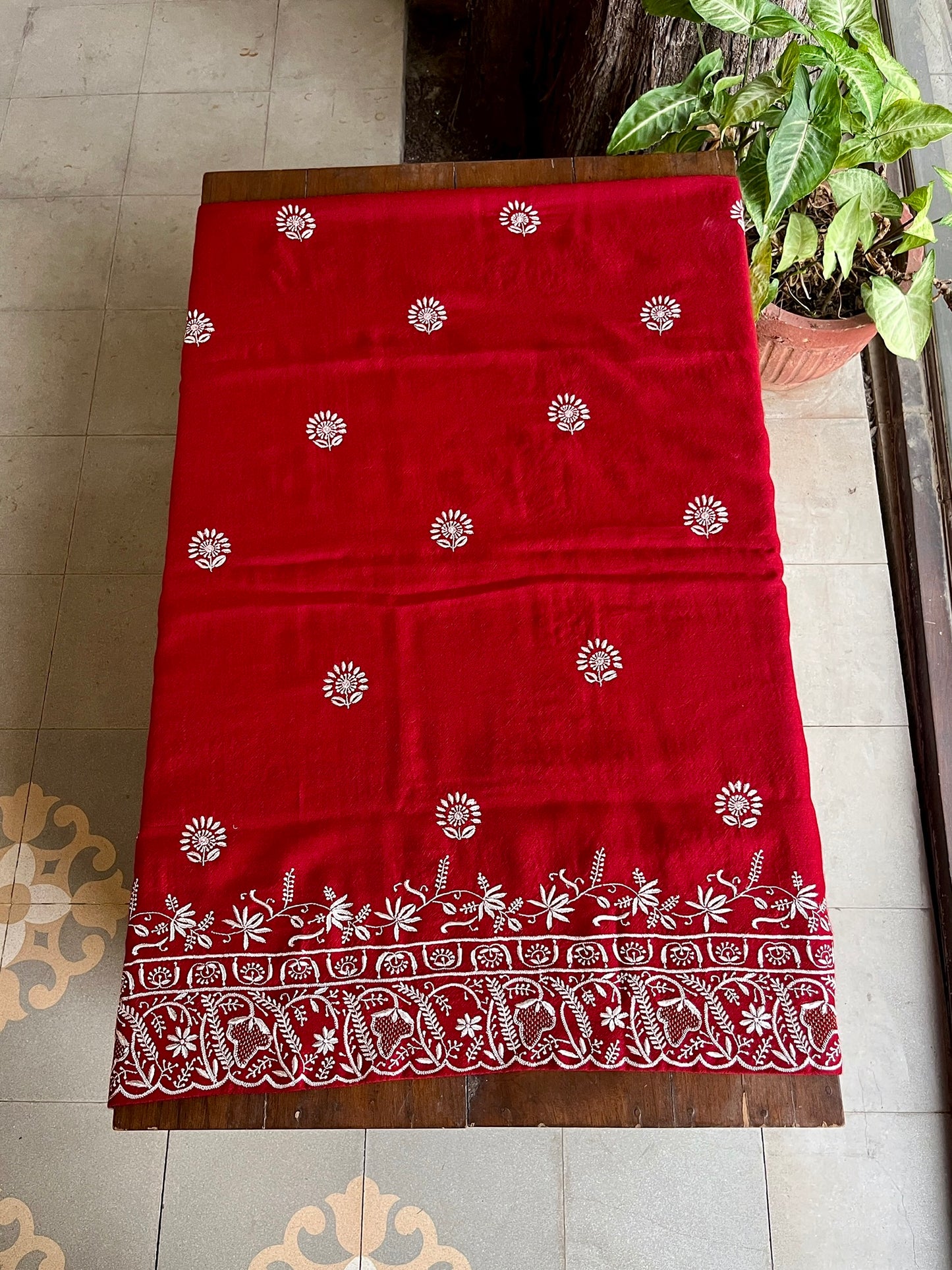 Crimson Red Shade Saman Pashmina Resham Thread Chikankari Shawl