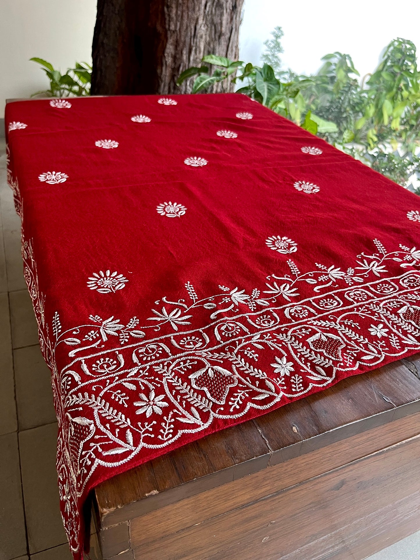 Crimson Red Shade Saman Pashmina Resham Thread Chikankari Shawl