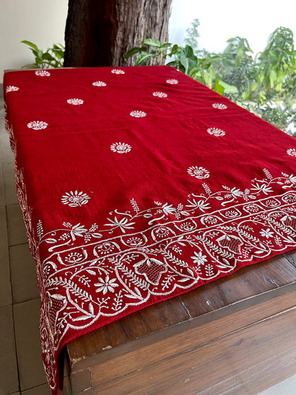 Crimson Red Shade Saman Pashmina Resham Thread Chikankari Shawl