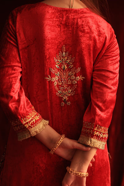 Crimson Red Shade | Saman Velvet Ready To Wear Kurta Set