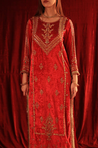 Crimson Red Shade | Saman Velvet Ready To Wear Kurta Set