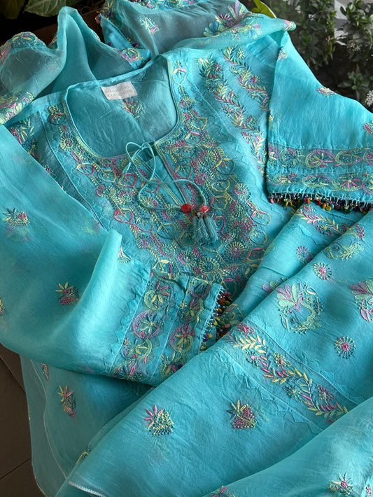 Crystal Blue Shade Multi Coloured Semi Stitched Noor Organza Resham Chikankari Kurta Set